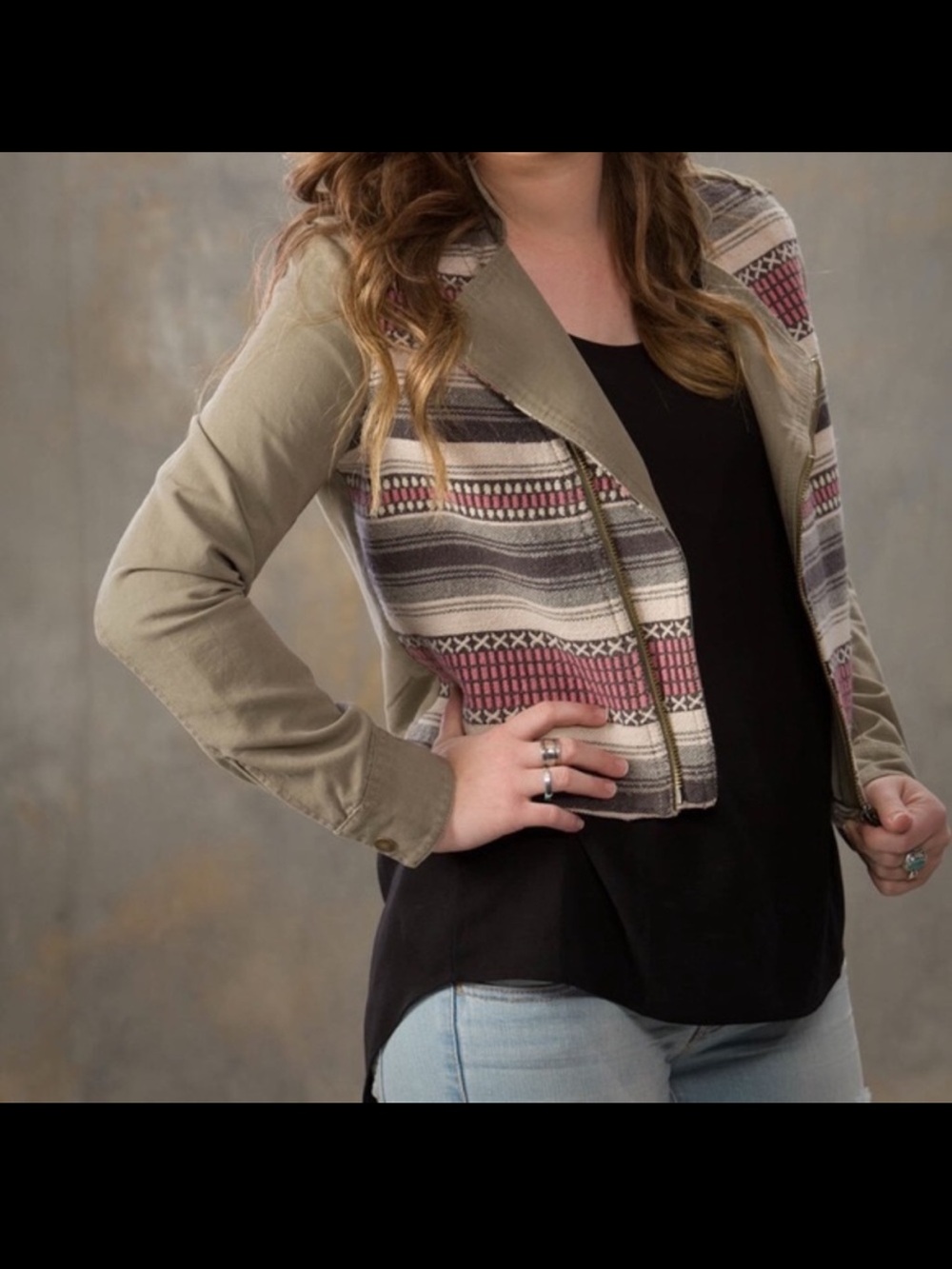 AEO American Eagle Aztec Embroidered Moto Jacket – Olive Green | Size M
